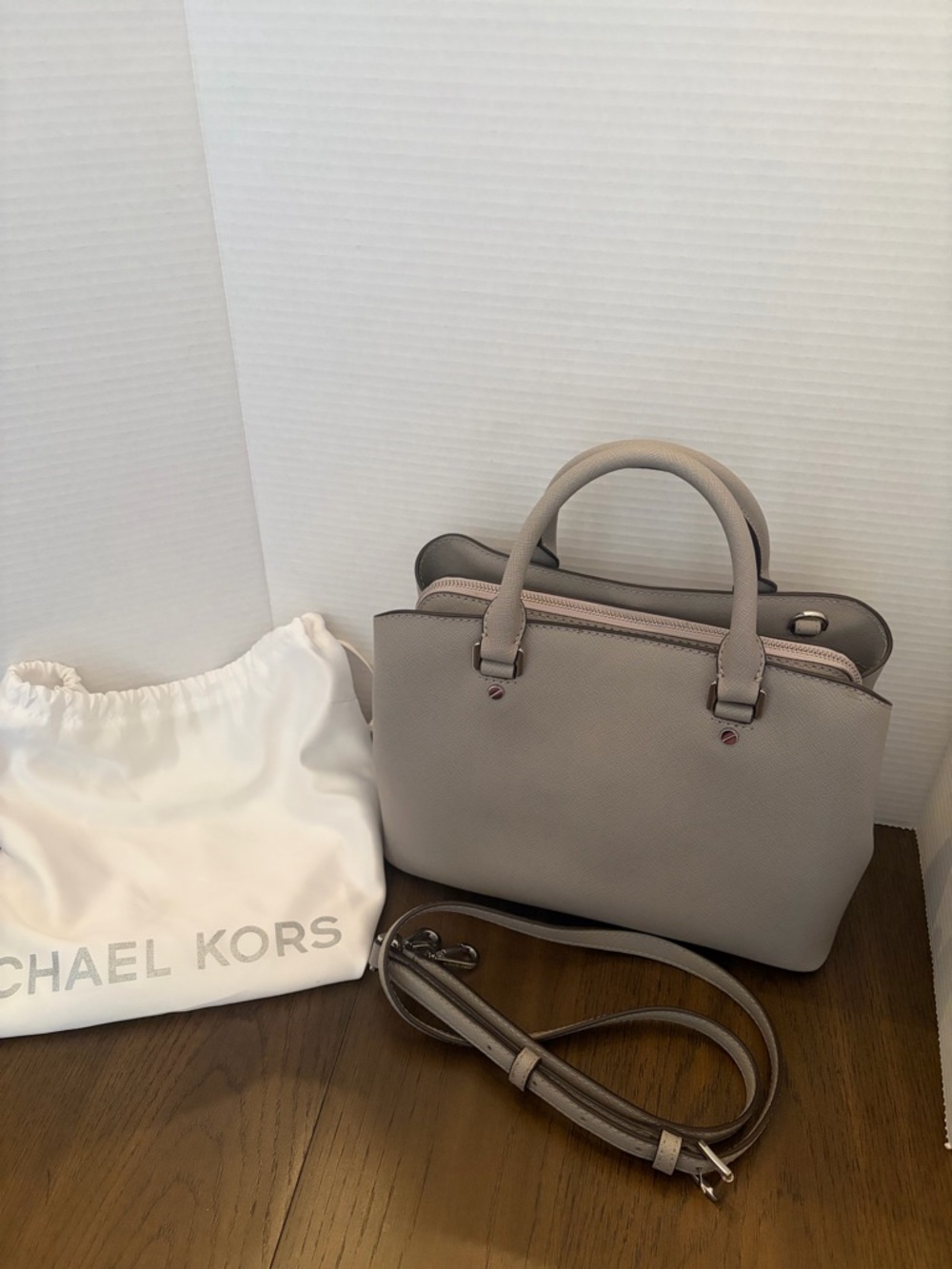Michael Kors Light Gray Leather Satchel with MK Charm - Picture 3 of 4